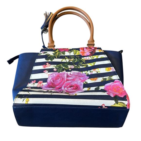 Nine West Blue Striped Floral Large Purse Tote Bag - Picture 2 of 8
